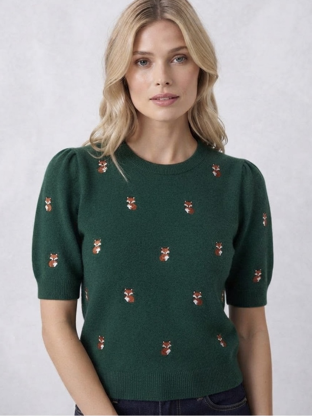 Calligraphie Anthropologie Green Fox Embroidered Short Sleeve Sweater Top  NWT
